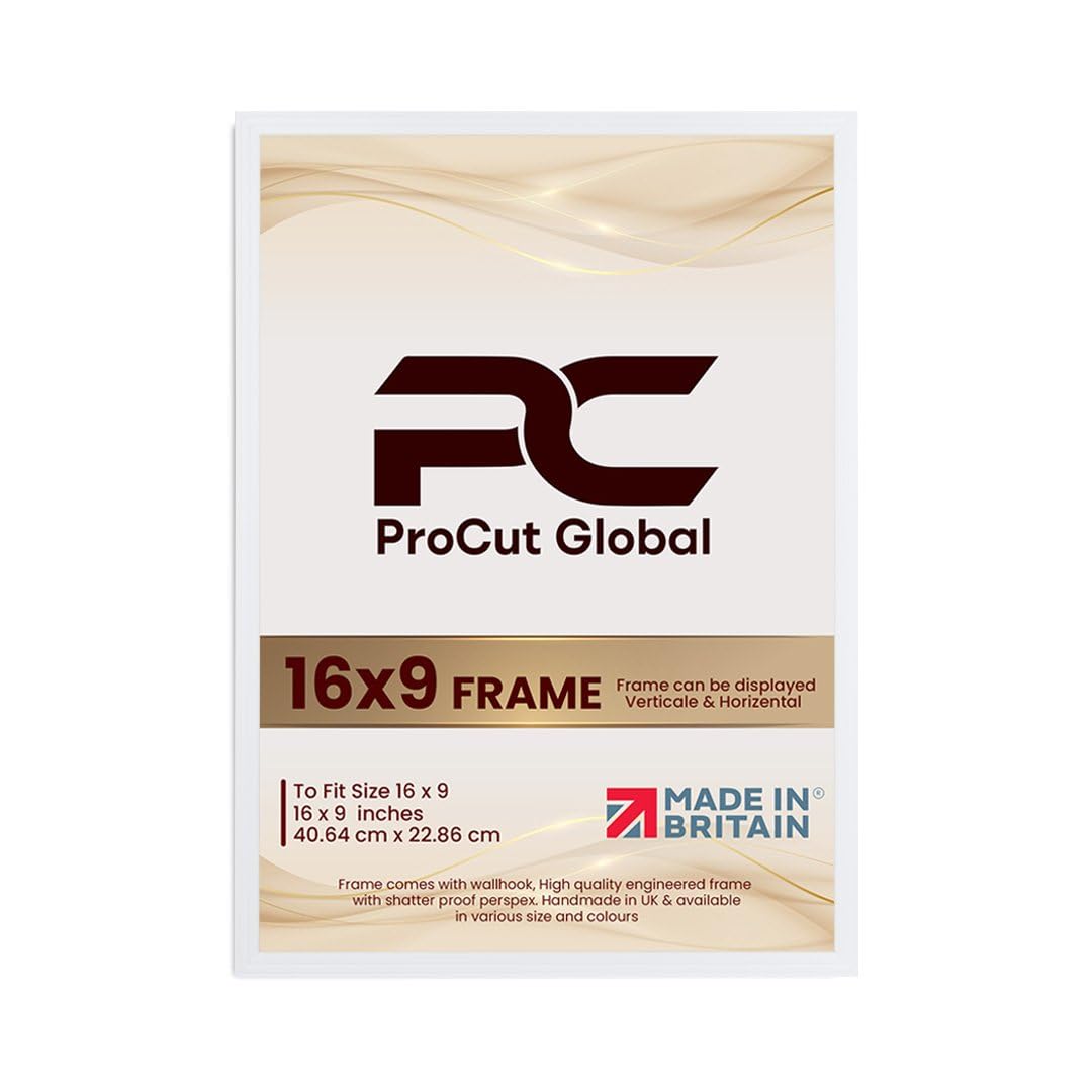 Procut Global 16X9 White Picture Frames - Classic Wooden Photo Frame with Shatterproof Perspex for Wall or Tabletop - Perfect for Posters, Certificates & Prints - Sizes & Colors Available