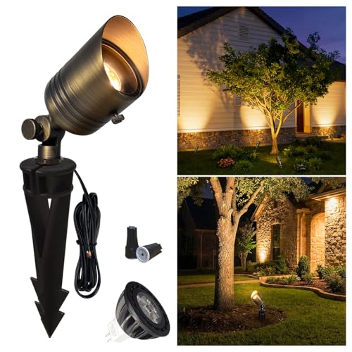 COLOER Brass Outdoor Spotlights 12V LED Low Voltage Landscape Lighting with 5W 2700K Aluminum MR16 Bulb IP65 Waterproof Landscape Spot Lights for Yard Garden Tree Small Size (1 Pack with Bulb)