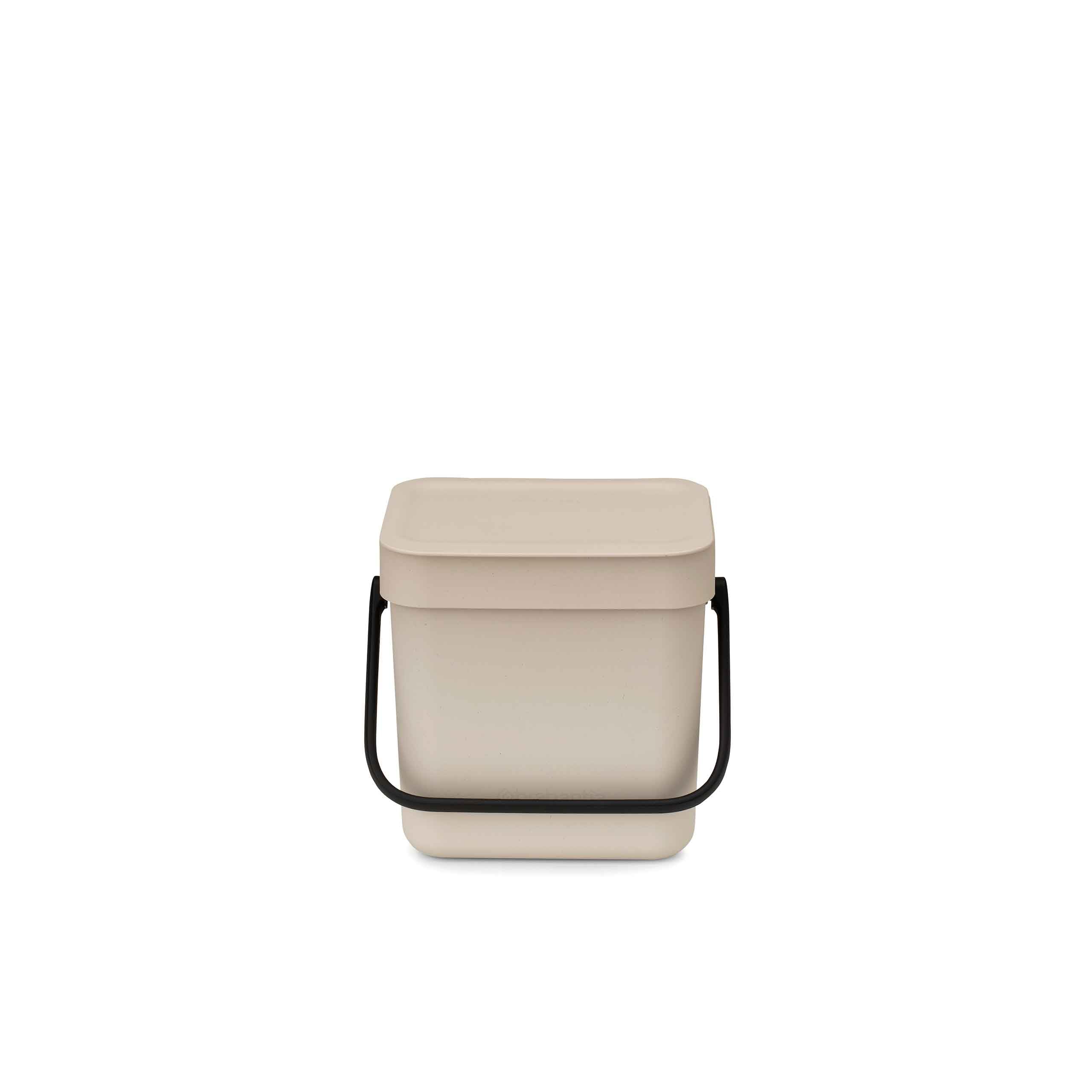 Brabantia Sort & Go Abfalleimer mit Deckel 3 L(Soft Beige), platzsparender Biomüll Behälter mit Griff, abnehmbarer, feststellbarer Deckel, leicht zu reinigender kleiner Mülleimer ohne Ecken und Ränder