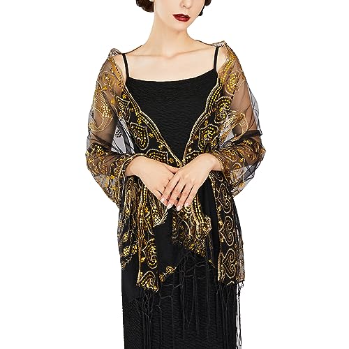SWEETV Women's 1920s Long Shawl Wraps,Sequin Flapper Evening Shawls for women formal/Party/Wedding/Formal/Harlem night