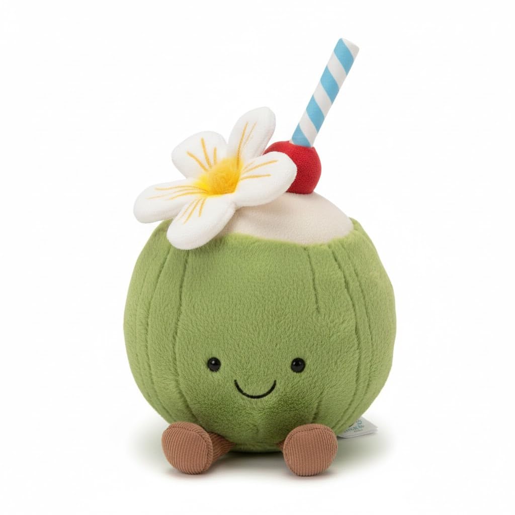 PRINSAN Amuseable Coconut Plush Toy with Flower, Cherry and Striped Straw, Soft Green Stuffed Character with Corduroy Legs, 6x9 Inches