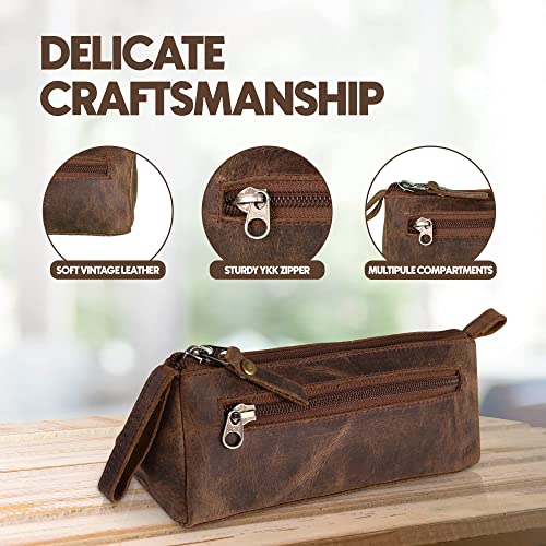 Leathercon Triangular Genuine Leather Pencil Case For Classic Leather Pencil Pouch For Artists & Makeup Tools. Zipper Closure Leather Pencil Bag For College & Office Rustic Brown #TOP4