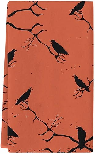 1 paquete de toallas de cocina y paños de cocina, diseño de cuervo de Halloween, ramas de árbol de cuervo, naranja, 18 x 28 pulgadas, paños de