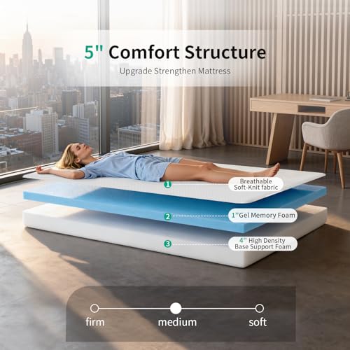 Image of FDW 5 Inch Twin Mattress, Medium Firm Gel Memory Foam, Cooling Ventilated Foam, Pressure Relief, White, Removable Washable Cover, Bed in a Box, CertiPUR‑US Certified