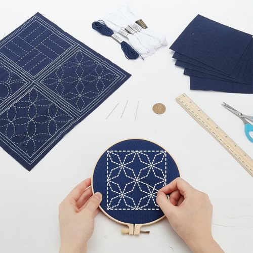 Image of FREEBLOSS 4 Set Sashiko Coasters DIY Kit with Instructions Pre- Printed Sashiko Kit for Beginners Sashiko Practice Project Blue Ocean Waves Embroidery Kit Sashiko Printed Cloth Coaster