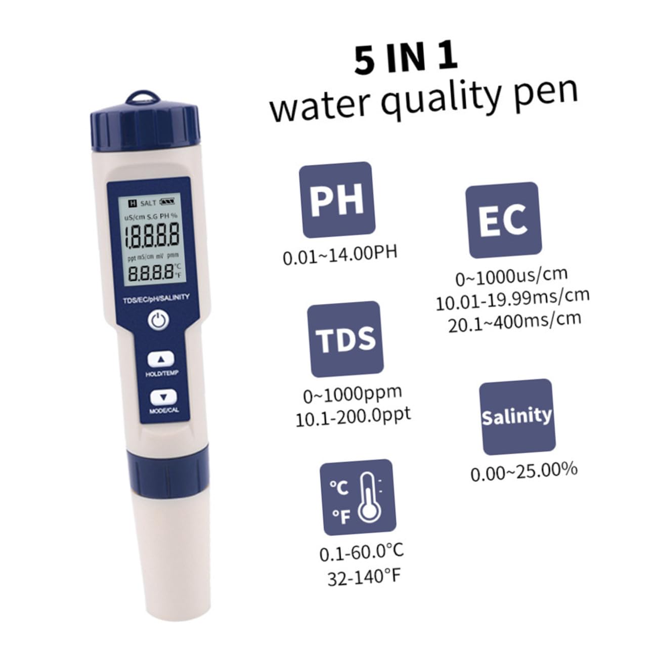 Sosoport Tester Digitale Salinità per Acqua Marina e Acquario | Misura Ec, Ph e Temperatura, Design Lcd Unico, 3 Batterie Lr44 Incluse