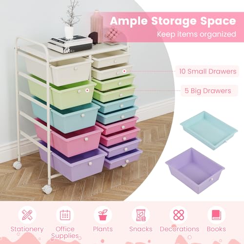 Image of LDAILY 15 Drawer Rolling Storage Cart, Rolling Cart with Drawers for Classroom, Art Supply Craft Organizer on Wheel with Metal Frame & Handles for Home Office School (Ice cream color, 15 Drawer)