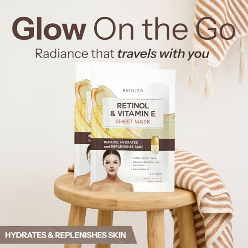 Image of Skin 2.0 Retinol & Vitamin E Sheet Mask - Anti-Aging, Acne Scar & Hyperpigmentation - Hydrating, Dermatologist Tested Korean Skincare - Clean Beauty, Cruelty-Free, All Skin Types - 5 Masks