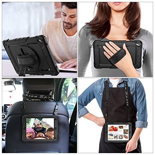 SEYMAC stock iPad 6th/5th Generation Case, Three Layer Hybrid Drop Protection Case with [360 Rotating Stand] Hand Strap &[Stylus Pencil Holder] for iPad 5th/6th 2018/2017, Air 2 and Pro 9.7 (Black)