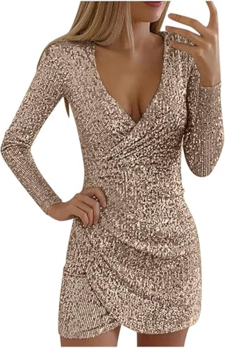 Pailletten Kleider Knielang, Damen Kurz Glitzerkleid Langarm V-Ausschnitt Glänzende Kleider Sexy Partykleid Cocktailkleid Bodycon Enges Party...