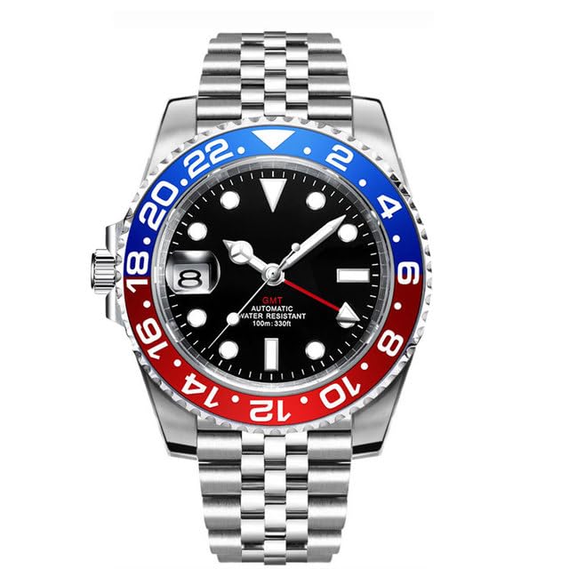 GenericWatch - Custom Automatic Men's Watch Left GMT JubiLees Bracelet NH34 Rotating Bezel Aluminum Insert Sapphire Glass 9 o'clock Crown 40mm (Jubilee7 NH34(Glassback))