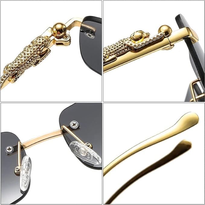 Image of Rimless Rectangle Sunglasses for Men & Women, Retro Frameless Metal Design with Leopard Print Arms, Colored UV Protection Lens, Lightweight Unisex Eyewear