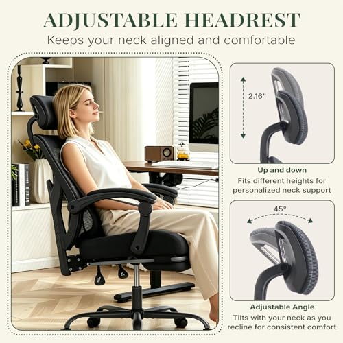 Image of Ergonomic Office Chair with Footrest, High Back Home Desk Computer Chair with Lumbar Support & Headrest, 90-135 Reclining Mesh Back with Wheels for Work, Gaming, Black