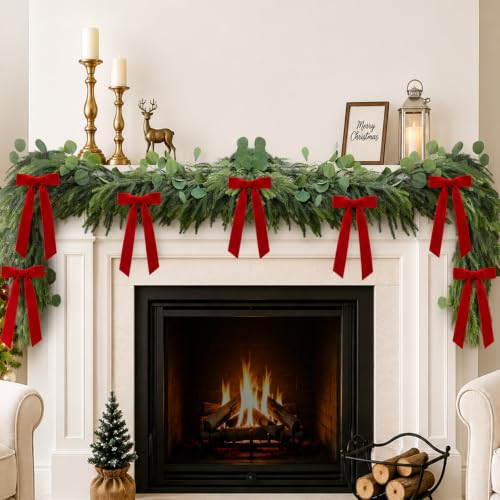 Christmas Decorations, 6FT Norfolk Pine Garland with Red Velvet Ribbon Bows