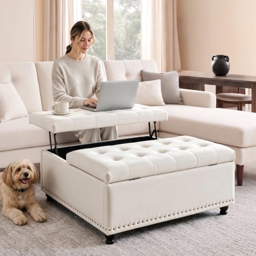 Tbfit 35.5 Inch Large Square Ottoman with Storage, Lift Top, Beige | Lift Top Storage Ottoman Coffee Table, Upholstered Footrest and Extra Seat for Living Room or Bedroom; Supports up to 300 lbs