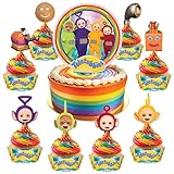 Treasures Gifted Officially Licensed Teletubbies Cake Decorations - 1 Cake Topper & 24 Cupcake Toppers & Wrappers - Teletubbies Birthday Party Decorations - Party Supplies