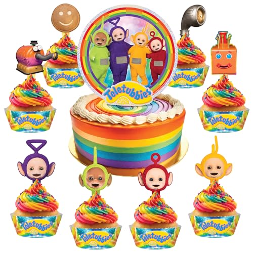 Treasures Gifted Officially Licensed Teletubbies Cake Decorations - 1 Cake Topper & 24 Cupcake Toppers & Wrappers - Teletubbies Birthday Party Decorations - Party Supplies