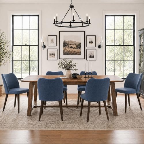 Image of MALOL Dining Chairs Set of 6, Upholstered Leather Kitchen Chairs with Curved Back, Padded Seat and Solid Wood Legs, Modern Dining Chair for Kitchen Dining Room, Blue