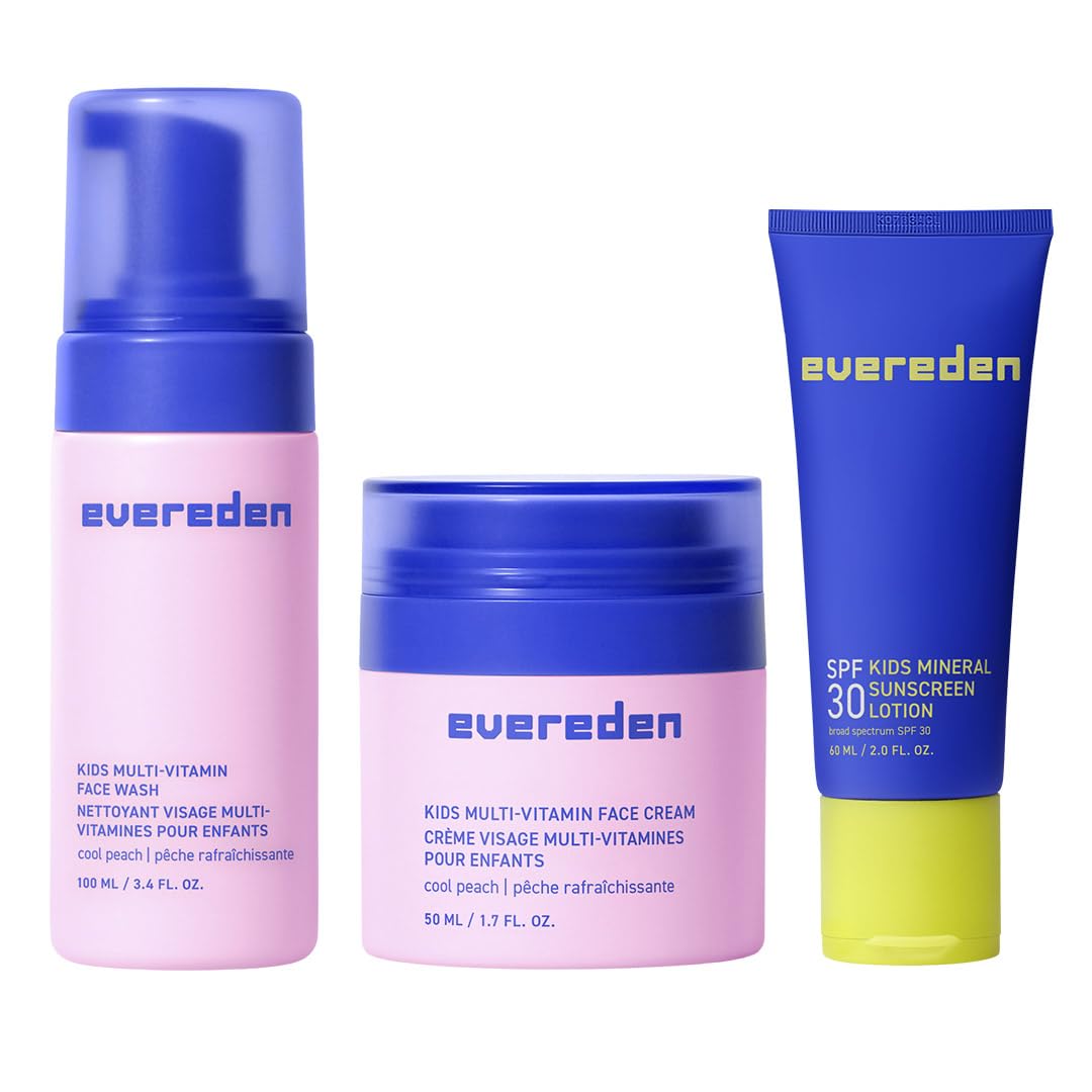 Evereden Daily 1-2-3 Routine Bundle: Clean & Vegan Skin Care Set for Kids - Hydrating & Nourishing Tween Skincare Set with Multi-Vitamin Face Wash, Face Cream, Lotion, & SPF 30 Mineral Sunscreen