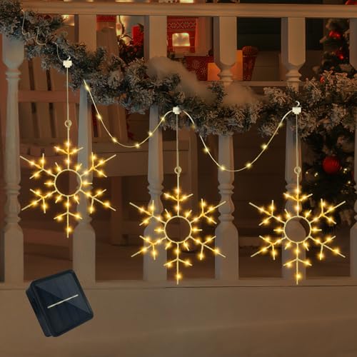 Solar Lichterkette Aussen Schneeflocken Groß 3pcs 4m, Weihnachtsbeleuchtung Außen Solar Warmweiss, Solarlichterkette Außen Wetterfest, Led Weihnachtsdeko Garten Balkon Innen Fenster Baum Beleuchtung