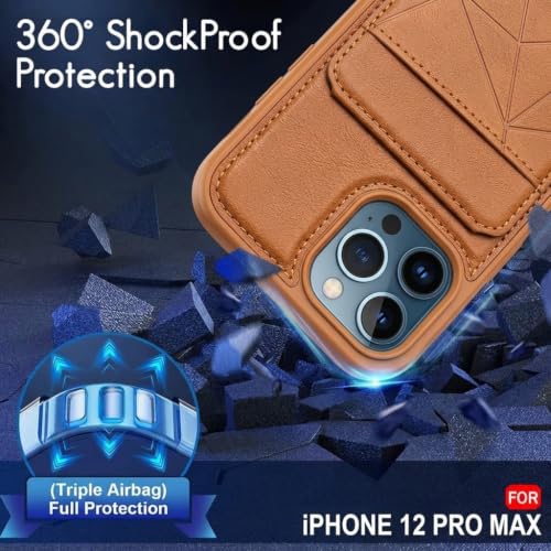 Image of amazon basics Premium Vegan Leather Back Cover with Card Holder and Integrated Mobile Stand for iPhone 12 Pro Max - Slim Shockproof Wallet Case with Geometric Stitching [Tan]
