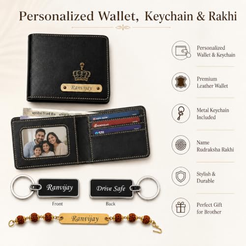 Image of SAVRI Rakshabandhan Gift for Brother | Customized Men's Leather Wallet with Name & Charm, Personalized Metal Keychain & Customized Rudraksha Rakhi with Name | Rakhi Gift for Brother