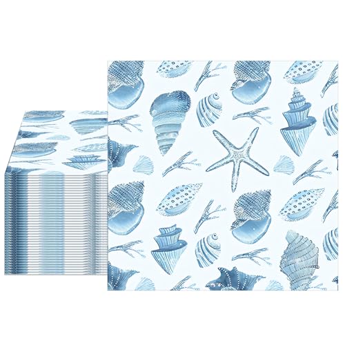 40Pcs Under the Sea Beach Paper Napkins Blue Seashell Napkins Starfish & Conch Disposable Ocean Coastal Starfish Beach Napkins for Dinner Nautical Tropical Coastal Wedding Bridal Summer Party Decor