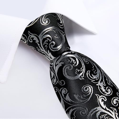 Image of DiBanGu Silk Floral Ties for Men Woven Paisley Necktie and Tie Clip Handkerchief Cufflinks Set for Party Wedding