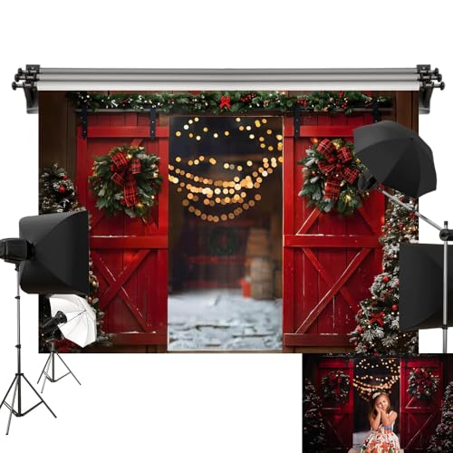 Toile de fond de Noël rouge sans plis pour réussir vos portraits avec porte en bois
