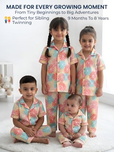 Image of POLKA TOTS 100% Pure Cotton Half Sleeve Night Suit for Kids, Girls & Boys | Cotton Pyjama Set | Unisex Night Dress for Children | Night Suit for Girls |Sleepwear for Kids | Winter Night Dress for Boys