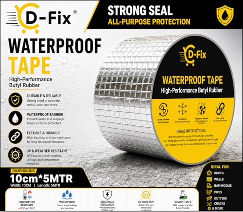 Image of D-fix Super Strong Waterproof Butyl Tape Heavy Duty Leak Repair Sealant Tape for Roof Pipe RV Window Gutter Metal Crack Patch Weatherproof Heat-Resistant Indoor-Outdoor Use (4 Inch (10CM*5M)
