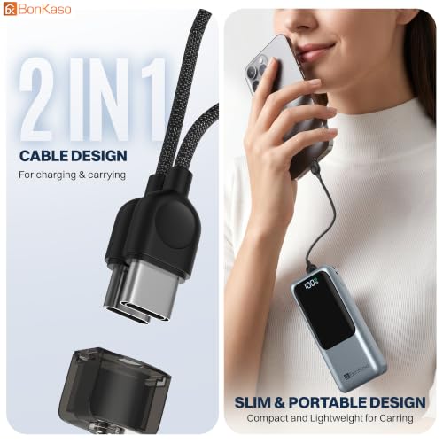 Image of Bonkaso 10000mAh 22.5W PD Power Bank with Inbuilt Type-C to Type-C Cable, Digital Display, USB-A & Type-C Output, Compact Metallic Grey Portable Charger for Mobiles, Tablets & Type-C Devices