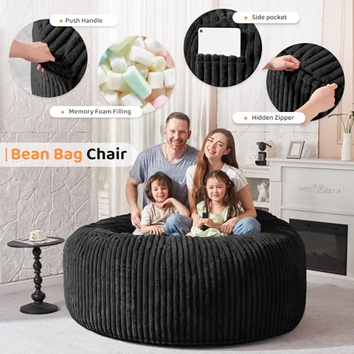 Image of HABUTWAY 6FT Bean Bag Chair, 6' Large Bean Bag Chairs for Adults with Removable Stripe Plush Cover, Memory Foam Beanbag Chair for Living Room Bedroom Dorm,Black