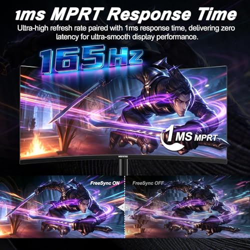 Image of 34 Inch Curved Gaming Monitor, 21:9 WQHD 3440x1440 165Hz 1500R Ultrawide Computer Screen, 1ms(MPRT) FreeSync, 100% sRGB, PBP, HDMI 2.0 & DP 1.4, VESA 75x75mm, Tilt & Swivel for Office Work&Gaming