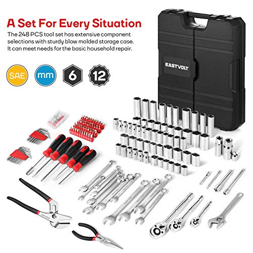 Eastvolt 248 Pieces Mechanics Tool Set & Mechanic Tool Kits, Drive Socket Set, 46 Pieces Socket Set With 72 Teeth Reversible Ratchet, Metric/Sae (Ask06) #TOP2