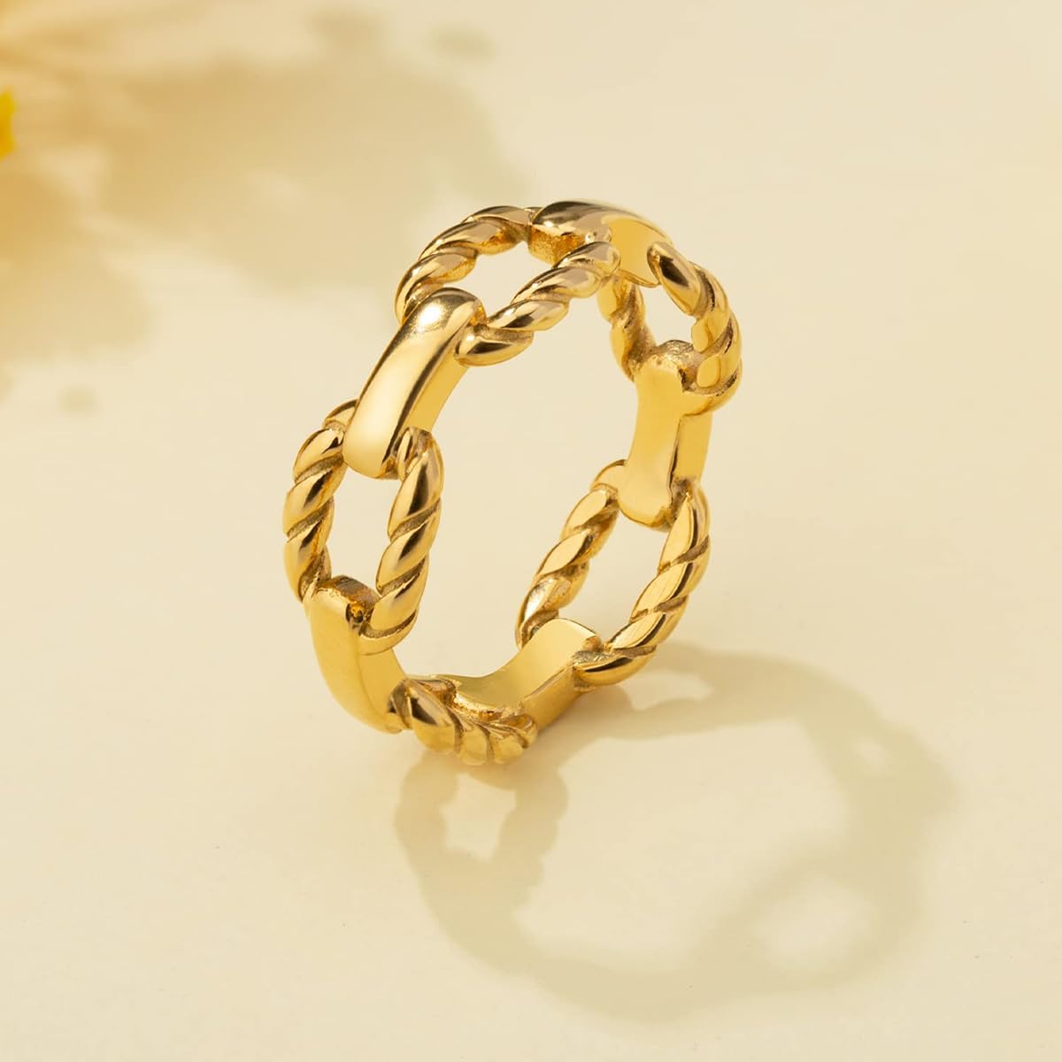 18K Gold Chain Link Rings for Women, Non-Tarnish Stackable Stainless Steel Cuff Ring - Image 3