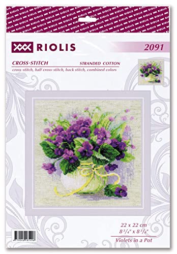 Image of RIOLIS - Violets in a Pot 2091, Cross Stitch Kits 8 inch x 8 inch, Cross Stitch Kits for Adults, Floral Counted Cross Stitch Kits, Embroidery Kit for Beginners & Advanced, Crossstitching Kits
