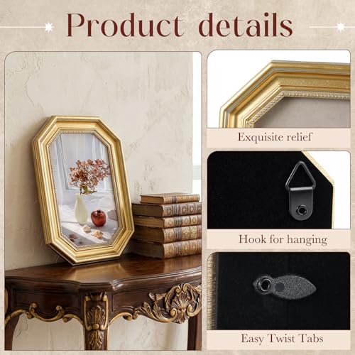Image of Wonderjune 7x9 Inch Vintage Gold Picture Frame, Carved Resin Antique Ornate Frame for Tabletop or Wall Hanging Display, Victorian Baroque Home Decor(Octagon)