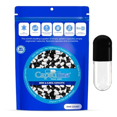 Capsuline Size 4 Empty Gelatin Capsules, Black/Clear - 1000 Count | Gluten Free, Kosher, Non-GMO Certified | Pure Bovine Pill Caps for DIY Supplement Filling Cover