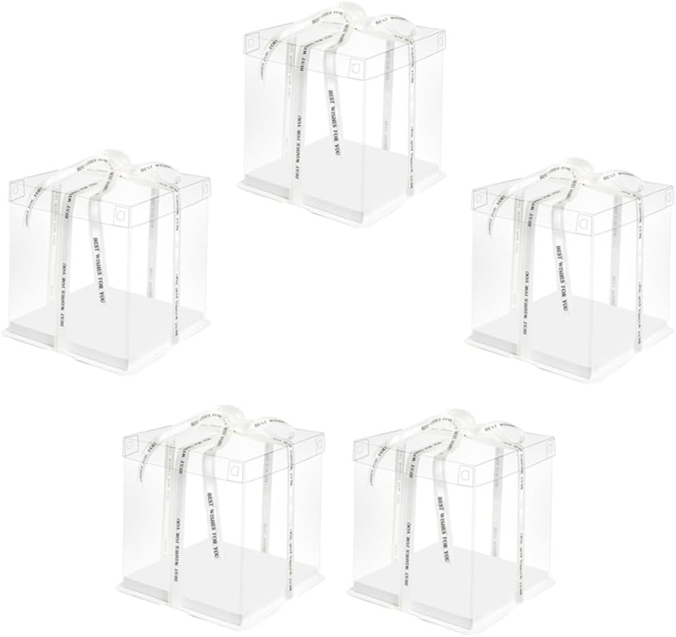 5pcs 8-inch Cake Packing Boxes with Ribbon, Tall Single-layer Pet Cake Storage Containers for Birthday Packaging