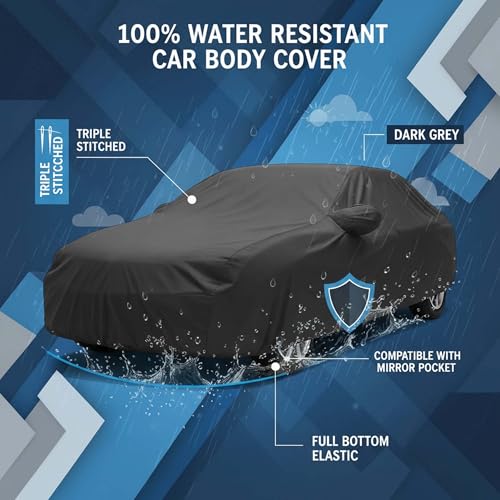 Image of Sulfar 100% Water Resistant Car Body Cover Compatible with Mirror for Mahindra XUV 7XO (Triple Stitched, Full Bottom Elastic, Dark Grey)
