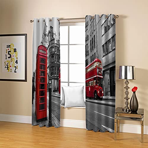Cortinas Salon Modernas 2 Piezas Opacas 3D Autobús Rojo De Londres 2 Piezas 117X137Cm Cortinas Salon Cortas Para Ventanas Cortinas Opacas Termicas Aislantes Con Ojales Cortinas Dormitorio Juvenil
