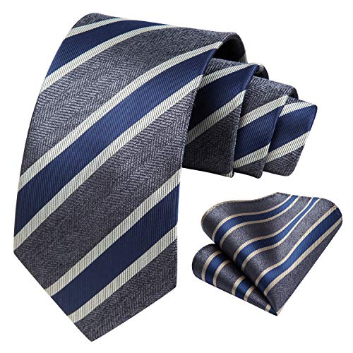 Image of HISDERN Mens Striped Tie and Pocket Square Set Necktie for Men | soft smooth texture, wrinkle-free, neat hand-tied knot, gifting ready, regular 3.4 width, coordinated look, business wedding