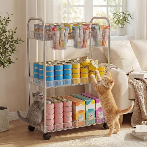 wemidels Cat Food Can Organizer 3 Tier Can Organizer for Pantry with Wheels Transparent Acrylic Cat Food Storage Container Dog & Cat Canned Food Holder for Kitchen Cabinet