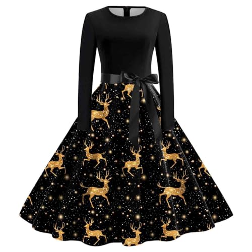 Weihnachtskleid Damen,weihnachtskleid Elegant, Kleid Weihnachten Damen Langarm Cocktailkleid Vintage Rockabilly Kleider mit Lustig Weihnachtsmotiv...
