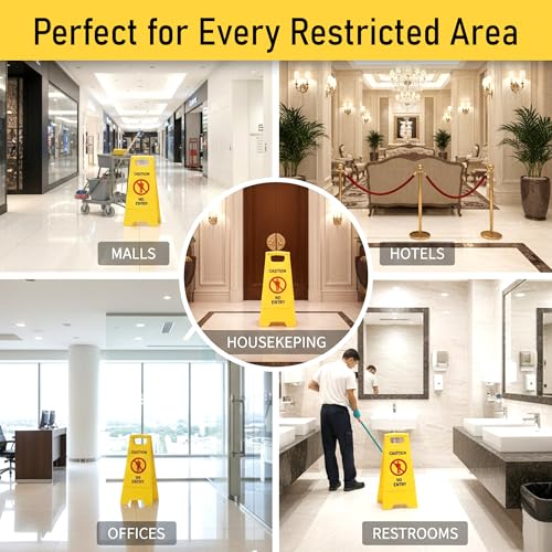 Image of GLUN Caution Sign Board No Entry, Size 24 * 15 * 12 Inch Bright Yellow Colour Clear & Bright Font PP Material, UV Resistant, Two-Side Floor Sign Board