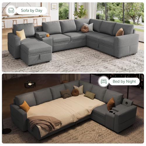 Image of HONBAY Modular Sleeper Sofa with Pull Out Bed, Central Console, Grey