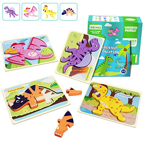 IMMEK Dinosaurios Puzzle de Madera Juguetes Bebes para Niños de 1 2 3 4 5 Años Montessori Educativos Regalos 3D Animales Patrón Puzles 4 Piezas con Libro Pintura de 12 Páginas, Multicolor
