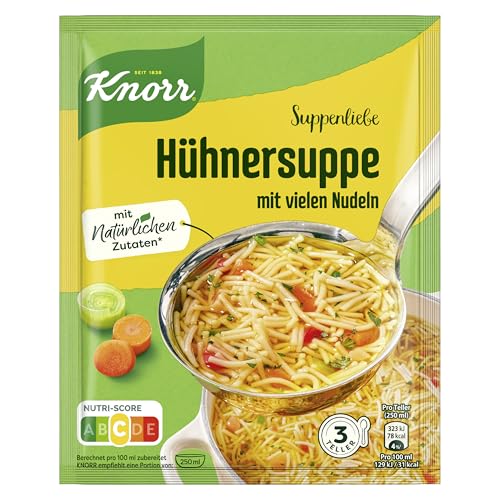 Knorr Suppenliebe Hühnersuppe für eine leckere Nudelsuppe mit vielen Nudeln ohne geschmacksverstärkende Zusatzstoffe und Farbstoffe 15 x 3 Teller