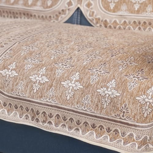 Image of Premium Chenille Woven Anti-Slip 1 Seater Sofa Cover | L-Shape Sofa Seat Protector for Living Room | Durable & Stylish Slipcover - Copper Brown - Floral